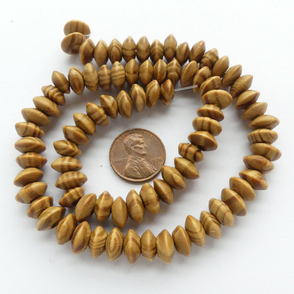 Wood Rondelles, Light with Darker Markings, 6x10mm on 16" Strands