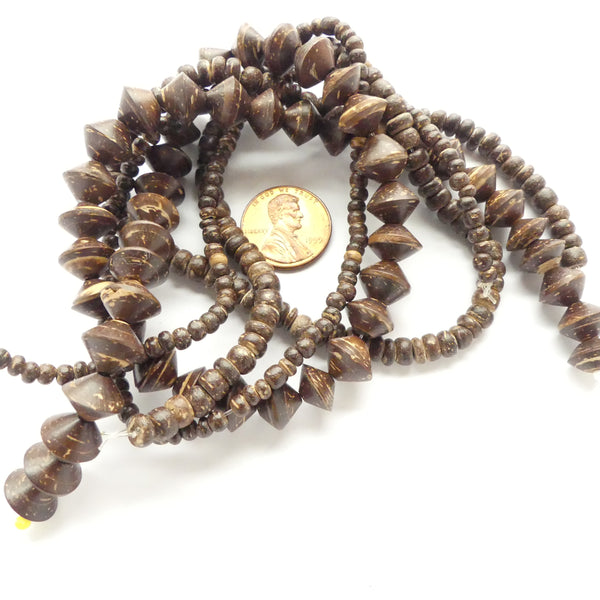 Coconut Shell, Philippine, Set of 3 Strands Assorted Shapes, Dark Brown