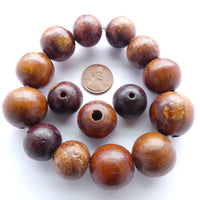 Wood Round, Natural Brown Varnished Large Hole Beads 18-22mm, Set of 15 Assorted