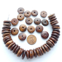 Wood Discs & Rondelles Mix, Natural Brown Varnished, 3-5x15mm, Bag of 50 grams