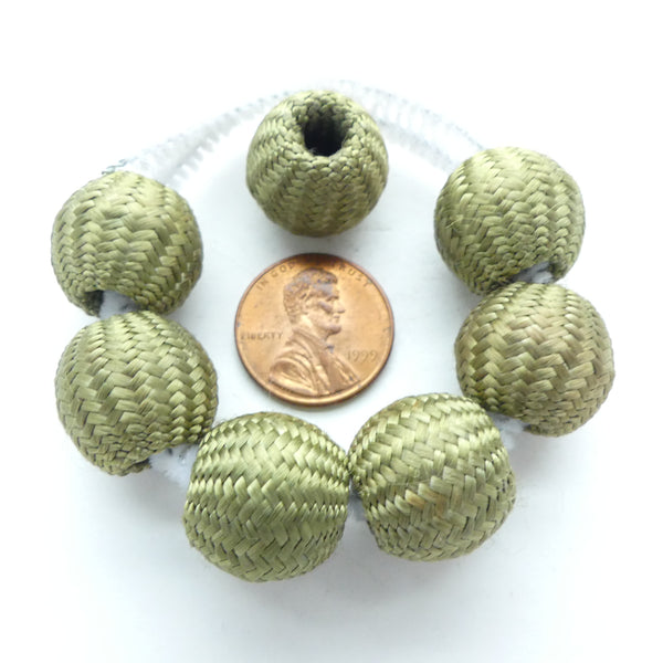 Silk-Covered Wood Olive Green Large Hole Beads, 15x16mm, Set of 6