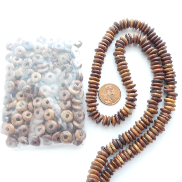 Wood Rondelles, Natural Brown, 3x10mm, 21" Strand (or equivalent bagged)
