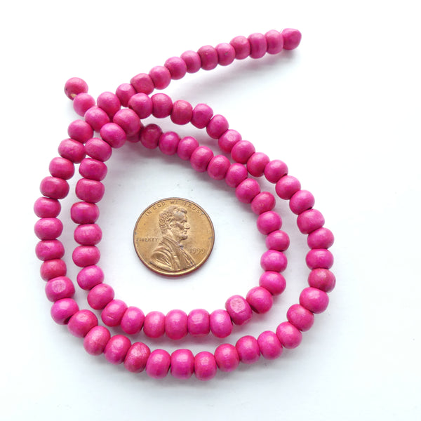 Wood Round Hot Pink, 5mm on 16-inch Strands