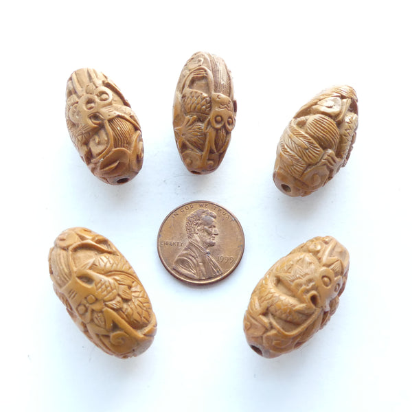 Peach Pit Chinese Dragon Beads, 24x15mm, Sold Individually